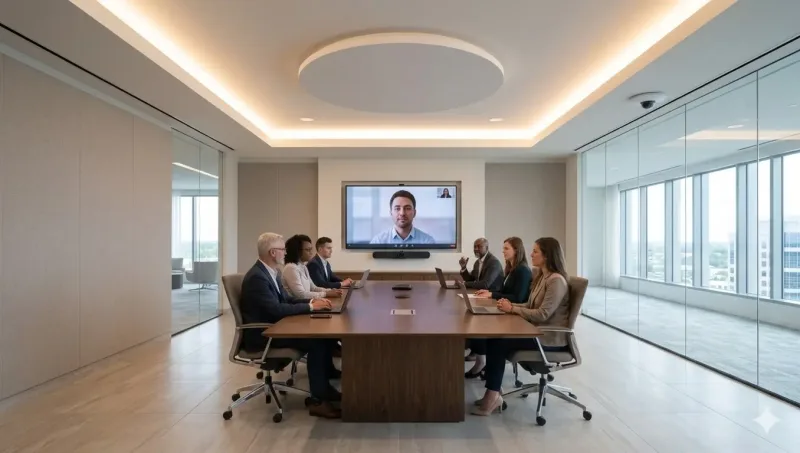 Commercial conference room with wall-mounted display, video bar, and presentation system
